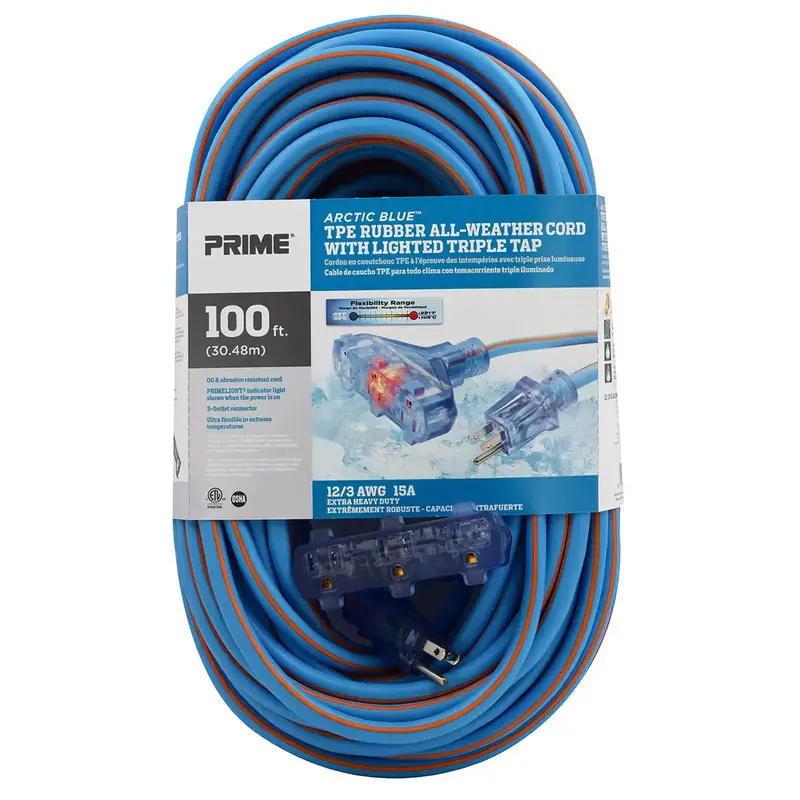 Prime Arctic Blue All-Weather Extension Cord – 12/3, 100 Ft, Tri-Tap – Lt630835 1